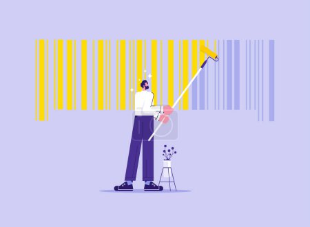 Illustration for Businessman painting barcode, concept of rebranding as marketing strategy, change of brand identity corporate image, trademark, flat vector illustration - Royalty Free Image