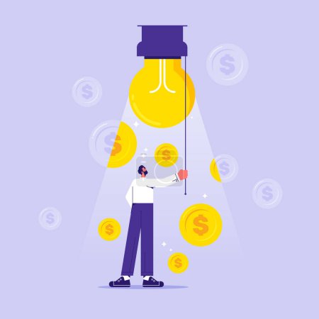 Illustration for Concept of business idea of increasing profit, business idea to make money, gain profit or create sales, businessman open lightbulb idea for make money - Royalty Free Image