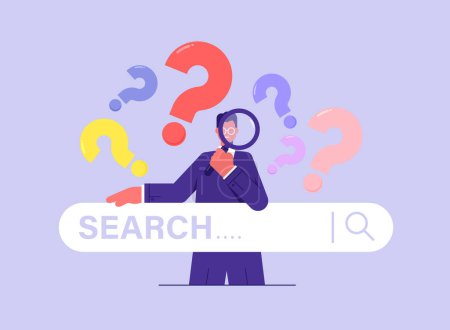 Illustration for Concept of business metaphor for search or research, development, businessman looking through magnifying glass with question marks sign and search bar - Royalty Free Image