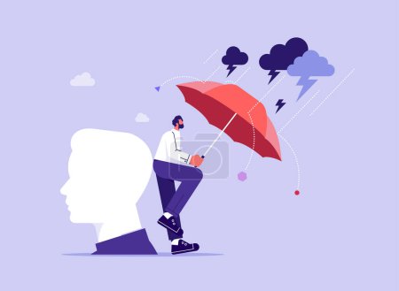 Illustration for Mental health protection concept, help for depression or anxiety, man using umbrella to protect human head from storm - Royalty Free Image