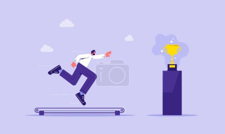 Illustration for Businessman running on the treadmill trying to achieve success trophy, concept of hopeless effort - Royalty Free Image