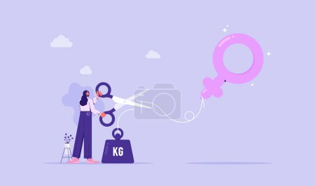 Illustration for Gender equality freedom concept, woman using scissors to cut gender sign balloon rope from weight, male and female with equal career opportunities, workforce without gender discrimination - Royalty Free Image