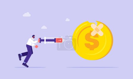 Illustration for Economic stimulus, monetary policy in economic in financial crisis or economic recession, Businessman carrying syringe of money medicine to inject broke dollar coin - Royalty Free Image