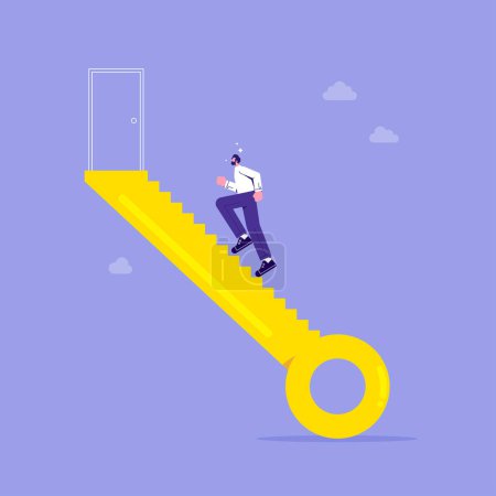 Illustration for The key to success, unlock the achievements of any business or career path, businessman climbing up stairs to reach and open door on top leading to success or victory - Royalty Free Image