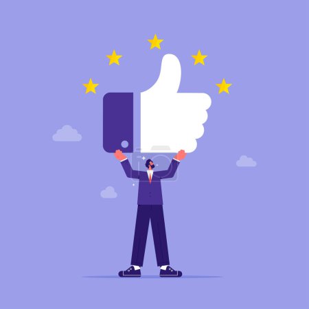 Illustration for Customer feedback concept, businessman holding like sign button with five stars feedback illustration vector - Royalty Free Image
