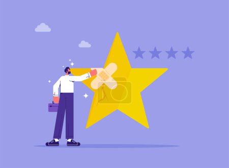 Illustration for Customer feedback or satisfaction concept, reputation management, customer experience or rating, repair or fix customer trust problem, businessman fix broken rating star with bandage - Royalty Free Image