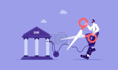 Illustration for Cut debt, negotiate with bank to reduce amount of loan and mortgage payment, businessman use scissors to cut the chain and free himself from debt metal ball - Royalty Free Image
