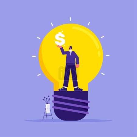 Illustration for Idea or creativity make money and profit concept, businessman standing inside of light bulb and holding dollar sign - Royalty Free Image