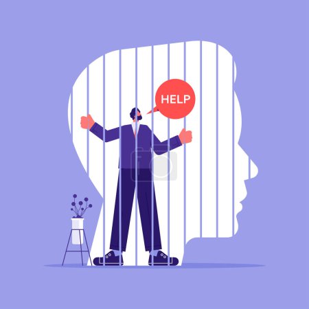 Illustration for Mind prison psychological concept, head silhouette with personal mental trap as closed cage,  personal growth issue and distorted world view, stuck in comfort zone - Royalty Free Image