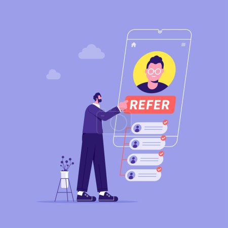 Illustration for Refer a friend concept. Businessman with a smartphone and contacts of friends. Earnings on an affiliate or referral program - Royalty Free Image