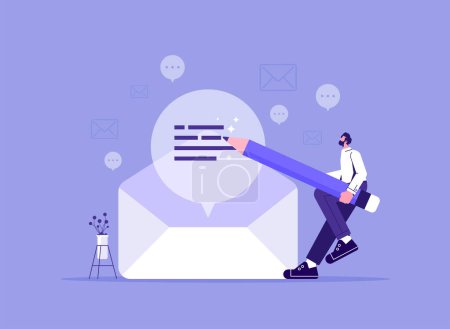 Illustration for Writing email communication for best business promotion, storytelling, sending mail messages, businessman hold pencil and writing email letters - Royalty Free Image