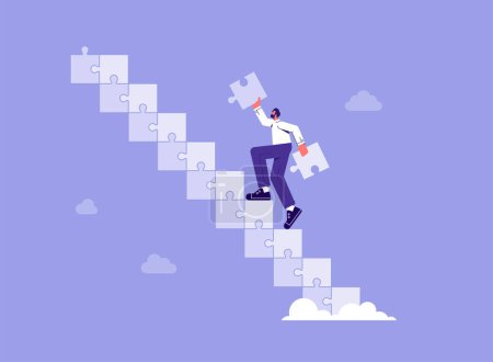 Illustration for Build business success stairs, self development or career growth and job improvement, growing up or job promotion concept, businessman building ladder  from jigsaw to business growth - Royalty Free Image