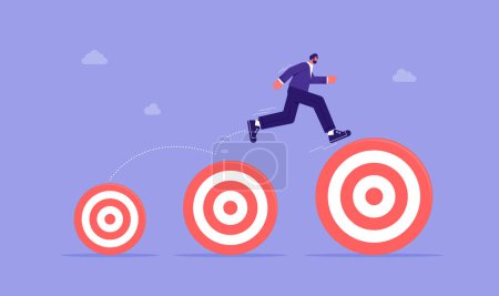 Illustration for Businessman jumping up higher target career goals, aspiration and motivation to achieve bigger business target, advancement in career or business growth concept - Royalty Free Image