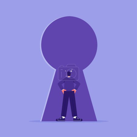 Illustration for Insider business concept, businessman stands in the keyhole and looks inside, information about a important company or organization data, that is known only to the employees of the company and not to the public - Royalty Free Image