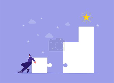 Illustration for Accomplishment or reaching business goal, reward and motivation concept, businessman build ladder of success to reach star - Royalty Free Image