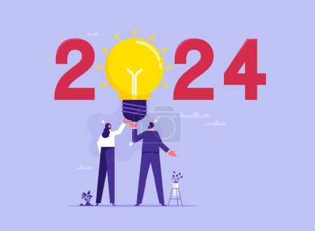 Téléchargez les illustrations : Concept, objectifs ou orientation de la planification annuelle 2024 pour l'organisation, l'équipe d'affaires réfléchit à une réunion - en licence libre de droit