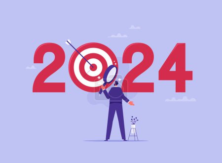 Téléchargez les illustrations : Analyse et développement de stratégies pour les entreprises sur la nouvelle année 2024, planification et fixation d'objectifs d'affaires, homme d'affaires zoom loupe cueillette cible ou objectif d'affaires en 2024 - en licence libre de droit