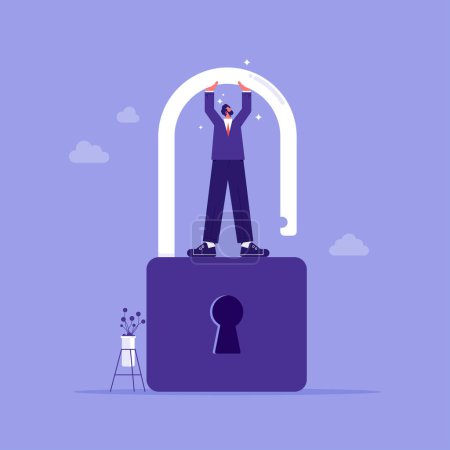 Illustration for Business concept of liberation or difficulties overcoming metaphor, motivated strong businessman break padlock without a key, powerful businessman reach independency and freedom - Royalty Free Image