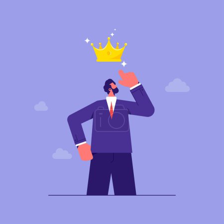 Illustration for Concept of positive self esteem, success, leadership, man points to the crown above his head - Royalty Free Image
