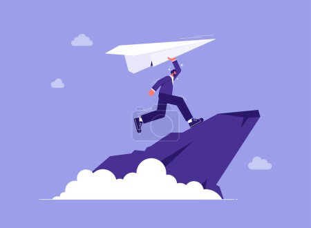 Illustration for Businessman running over the cliff with a paper plane in raised hand. Concept of business startup, launch of new project - Royalty Free Image
