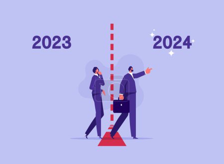 Illustration for New year idea concept, business creativity new idea discovery innovation technology, business team walking from the year 2023 to the new year 2024 - Royalty Free Image