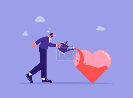 Illustration for Mindset or attitude to work in we love to do concept, work passion, motivation to success and win business competition, businessman pouring water to fulfill heart shape metaphor of passion - Royalty Free Image