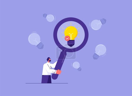 Illustration for Businessman using a magnifying glass with idea light bulb, validate your startup idea, find a problem enough to be worth solving, determine the validity of the idea from the idea - Royalty Free Image