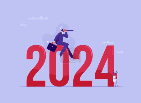 Illustration for Economic forecast or future vision concept, year 2024 outlook, business opportunity or challenge ahead, year review or analysis concept, confidence businessman with telescope ride on year 2024 - Royalty Free Image