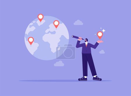 Ilustración de Businessman using telescope to see vision or future opportunity and marking a place on the world, globalization, global business vision or searching opportunity concept - Imagen libre de derechos