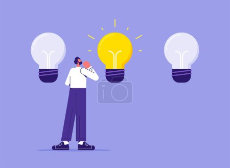 Illustration for Choosing among good and bad business ideas, creativity choice, solution concept. Employee thinking or picking, selecting from light bulbs at work. Flat vector illustration - Royalty Free Image