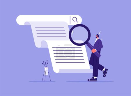 Illustration for Search engine answering users questions concept. Search engine bar with businessman hold magnifying glasses surfing internet, analyzing queries, keywords - Royalty Free Image