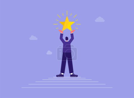 Illustration for Success, goal achieving concept. Businessman winner with star standing on top of career peak, victory and target achievement - Royalty Free Image