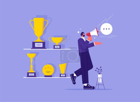 Illustration for Telling story or inspire people, aspiration concept, success story to motivate people to develop, businessman telling success story with megaphone with winner trophy - Royalty Free Image