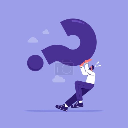 Illustration for Business problem or stress burden concept, hard question with no answer or solution, businessman carrying heavy big question mark sign - Royalty Free Image