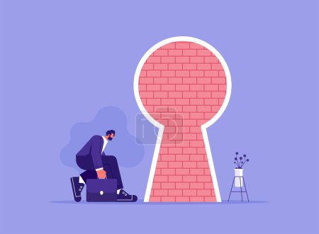 Illustration for Obstacle and difficulty to overcome concept, business dead end, no way to exit or big mistake and wrong decision, businessman with door is blocking the way by a brick wall - Royalty Free Image