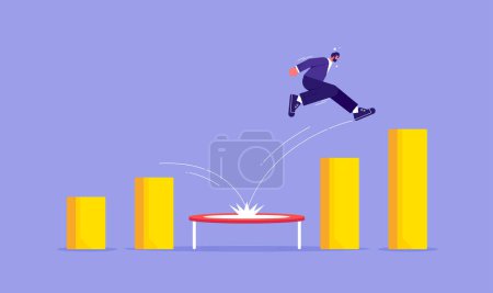 Illustration for Businessman jump from trampoline back to the top, business challenge, revenue rebound and recover from economic crisis or earning and profit growth concept - Royalty Free Image