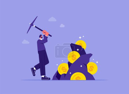 Ilustración de Ilustración de un hombre sosteniendo pico para conseguir monedas en piedra, el concepto de dinero minero, recoger dinero, esfuerzo - Imagen libre de derechos