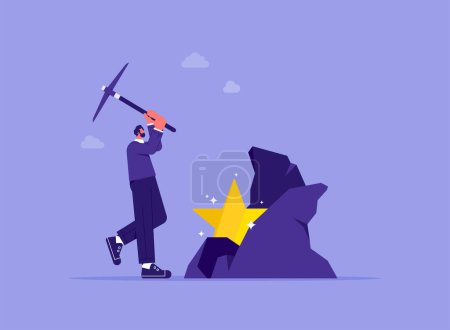 Illustration for Achieving goals through hard work, highest result in deeds and work done, career advancement, productivity or success in business, businessman holding pickaxe to find a star in stone - Royalty Free Image