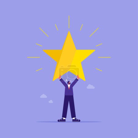 Illustration for Big success or achievement concept, businesswoman holding a big star. business concept, challenge and effort to win award - Royalty Free Image