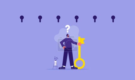 Illustration for Decision and opportunity concept, businessman with a key choosing a right keyhole, flat vector illustration - Royalty Free Image