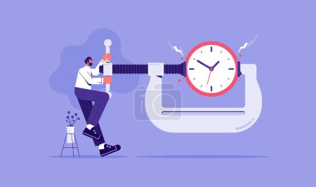Illustration for Time pressure or running out of time or anxiety to finish work within aggressive deadline or time management concept, businessman apply pressure to clock with a vise grip - Royalty Free Image