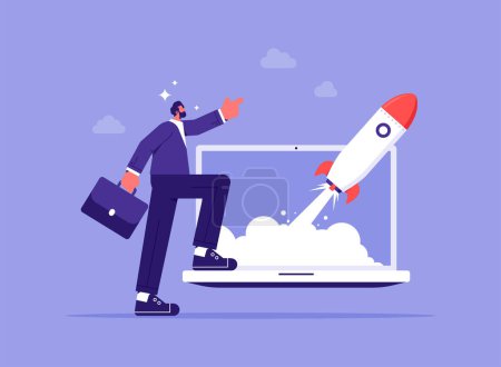 Illustration for Successful start-up launch new business project concept, businessman with rocket launch from laptop screen, launching new product or service, creative or innovative idea - Royalty Free Image