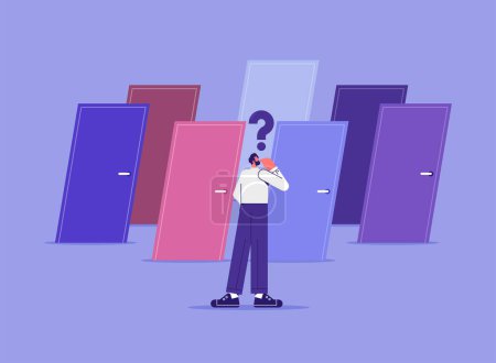 Illustration for Business decision making, career path, work direction or choose the right way to success concept, businessman standing in front of multiple colorful doors and finding right way - Royalty Free Image