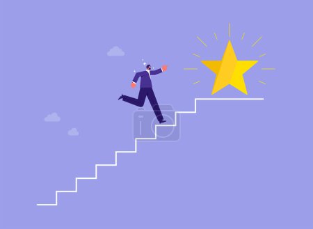 Illustration for Steps to Success, achievement or opportunity, accomplishment or career development concept, businessman climbing up steps to get the star - Royalty Free Image