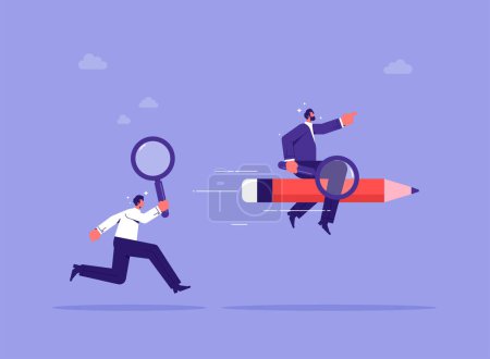 Illustration for Business creativity or imagination concept, improvement, creative freedom, creative businessman riding pencil rocket flying looking for new ideas - Royalty Free Image
