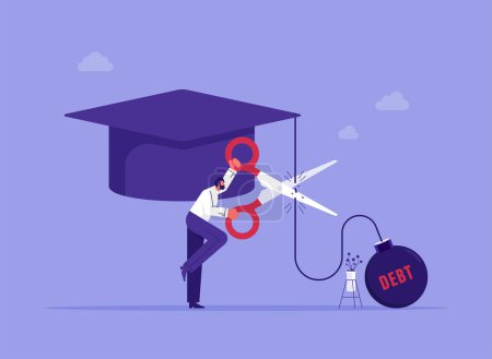 Illustration for Student loan debt, cut education expense or reduce fee concept, young businessman cut chain to relief from student loan debt burden metal ball - Royalty Free Image