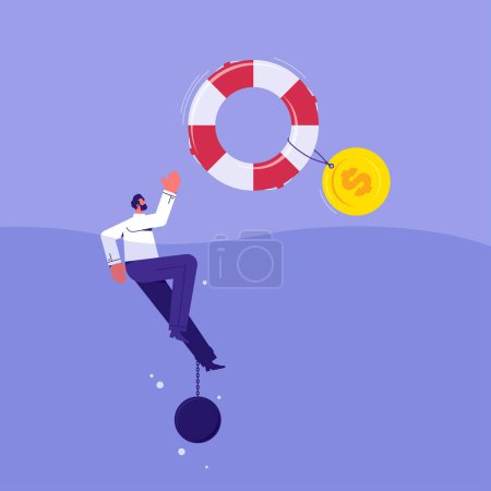 Illustration for Helping business to survive concept. help and support, survival, investment, obstacle crisis, drowning businessman in sea try to hold life buoy - Royalty Free Image