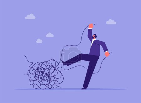 Illustration for Metaphor of business problem solving, chaos and mess difficult situation, businessman solving a string entwined - Royalty Free Image