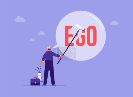 Reducing ego, cultivating humility, recognizing value in different perspective, being open to feedback and constructive criticism, businessman deflating word EGO