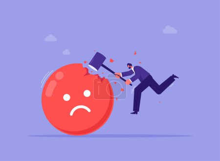 Illustration for Overcome stress and anxiety concept, emotional problem, depression or mental illness, sad and stressful, businessman uses sledgehammer and attack bad emoji sign - Royalty Free Image